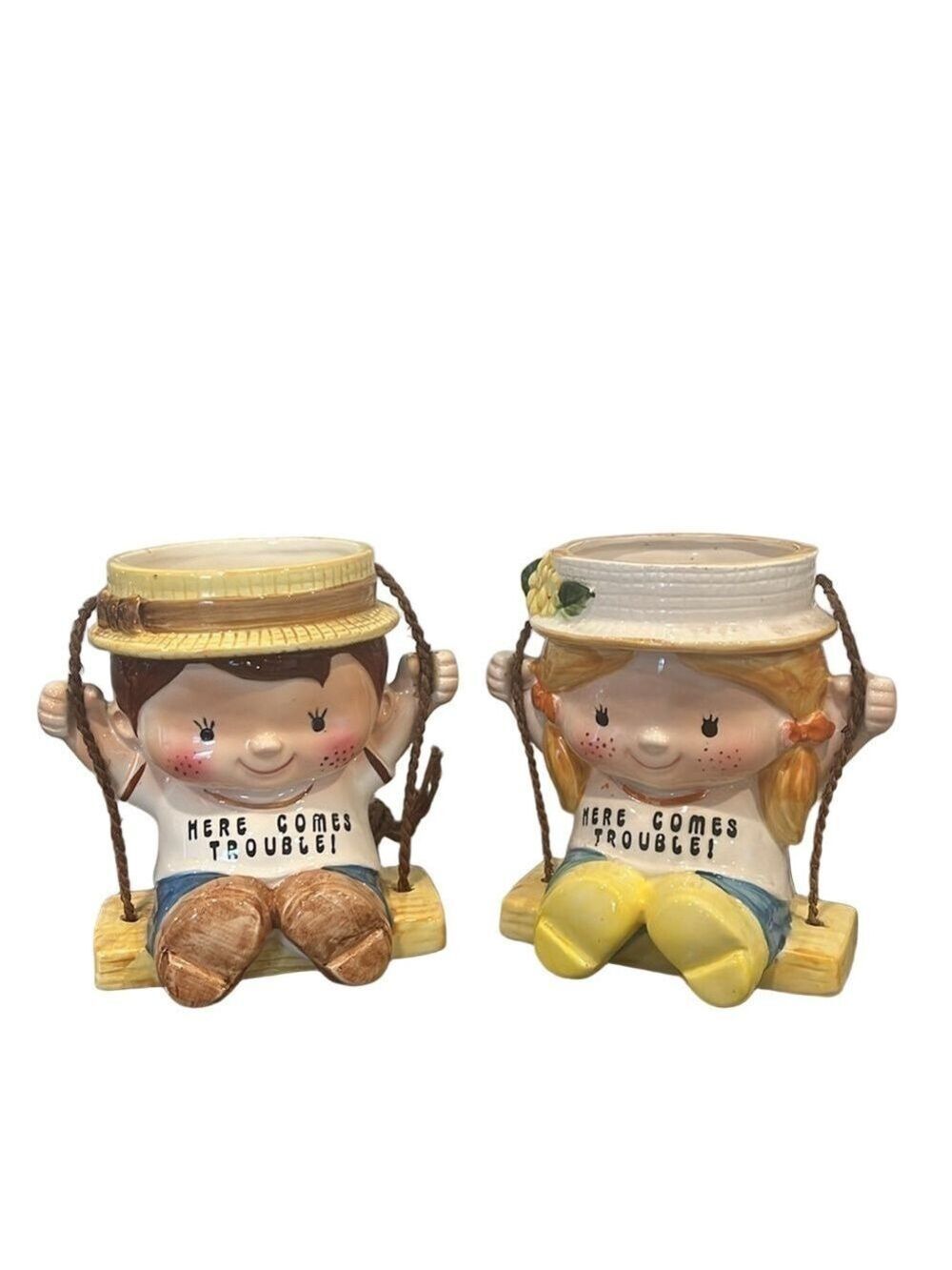 Enesco Boy & Girl on Swing Hanging Planters Here Comes Trouble Vintage